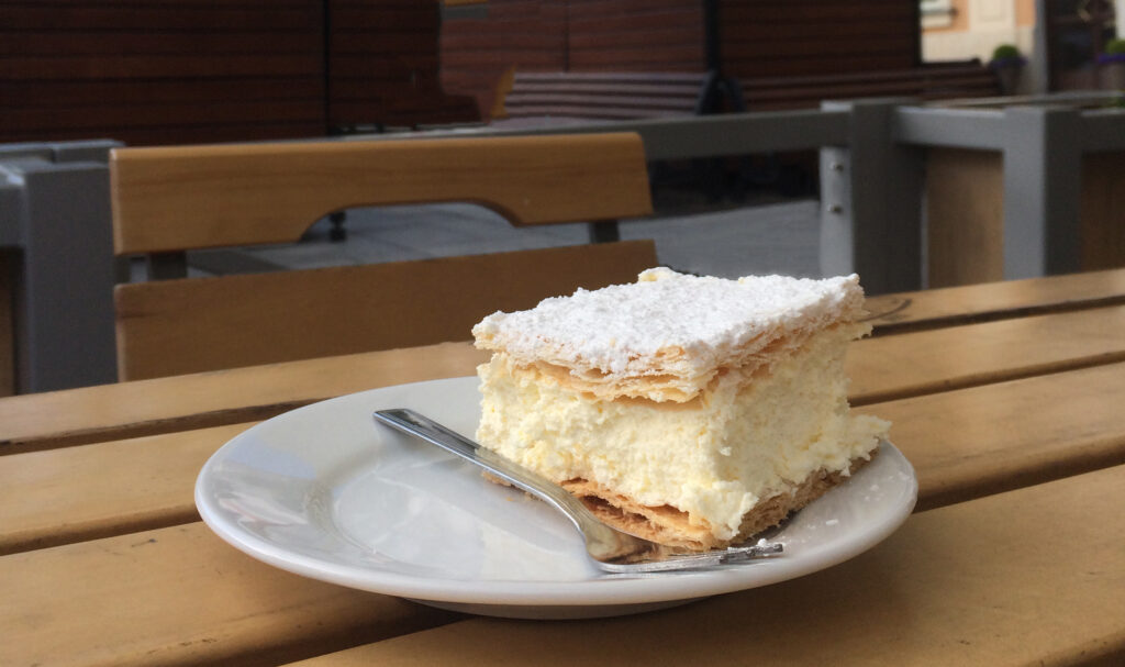 Papal cream cake kremówka at the Market Square in Wadowice