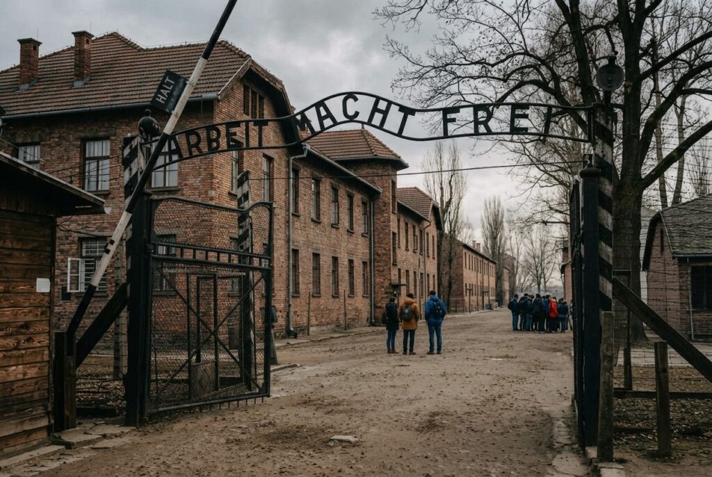 The historic 'Arbeit macht frei' entrance gate at the Auschwitz I memorial