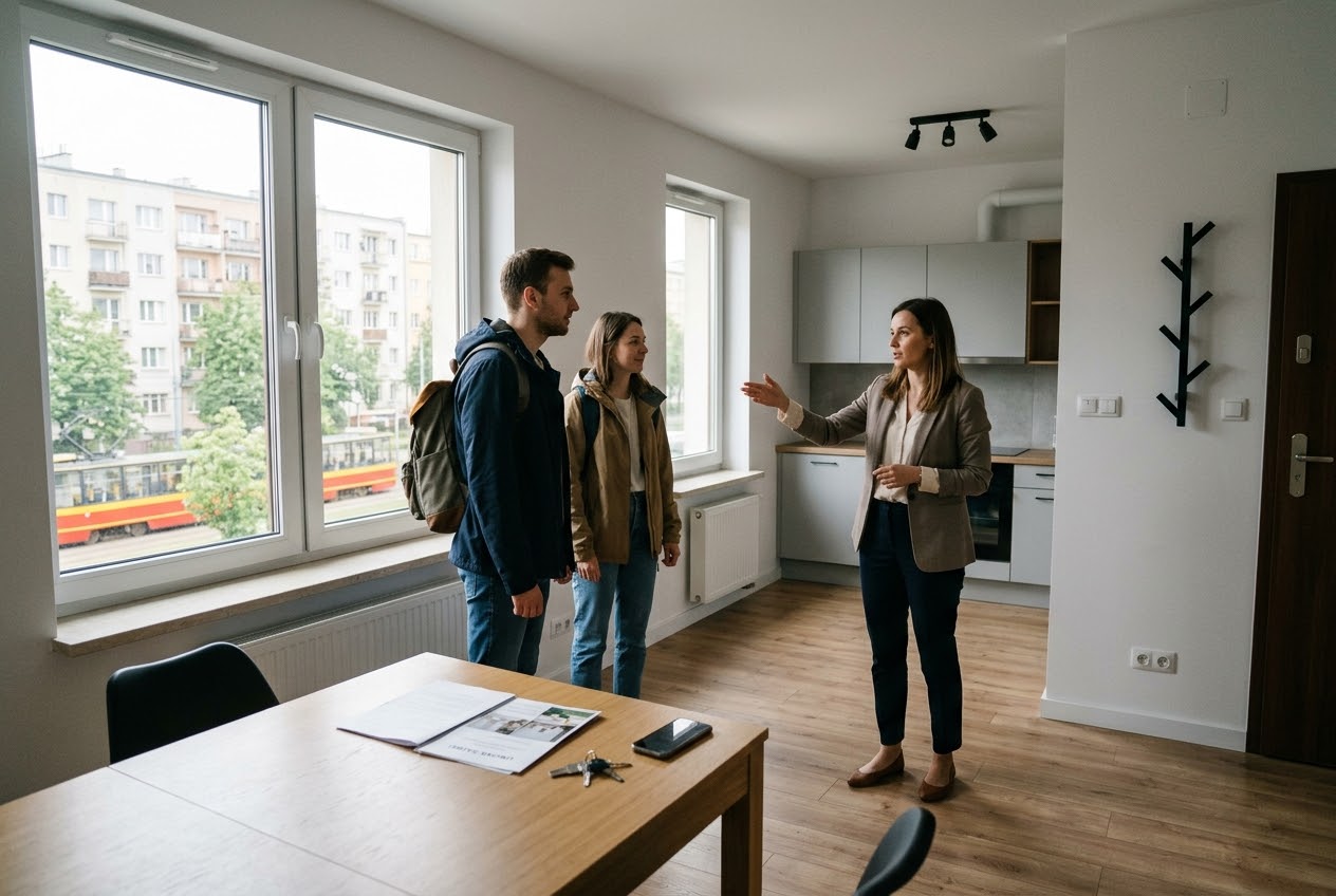 Expats checking rent prices in Poland while looking at an available apartment in a city center