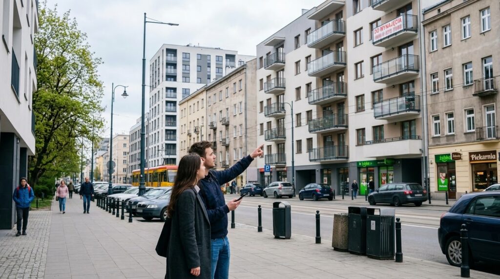 Two people standing on a sidewalk in Poland, pointing at a flat for rent. In the background, there are modern apartments, parked cars, and local Polish shops